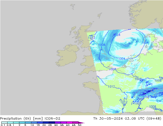 осадки (6h) ICON-D2 чт 30.05.2024 09 UTC