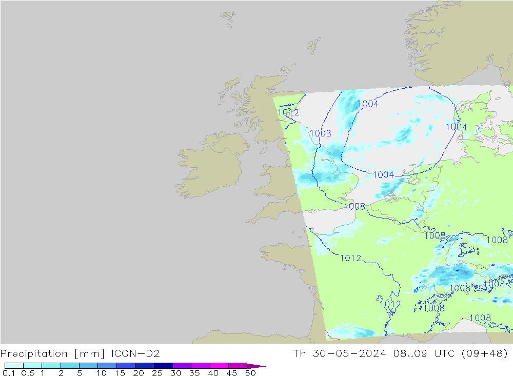 осадки ICON-D2 чт 30.05.2024 09 UTC