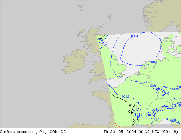 Surface pressure ICON-D2 Th 30.05.2024 09 UTC