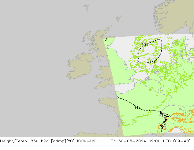 Height/Temp. 850 hPa ICON-D2 Čt 30.05.2024 09 UTC