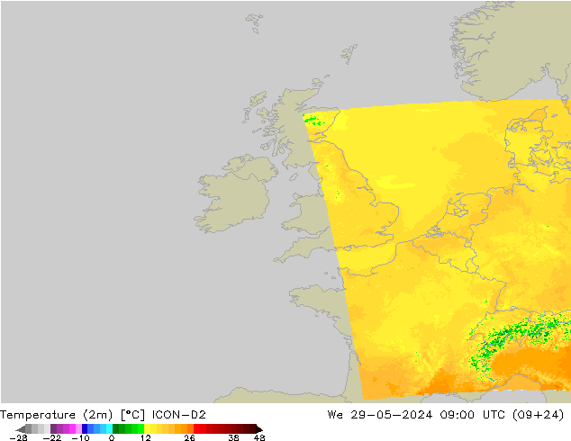 mapa temperatury (2m) ICON-D2 śro. 29.05.2024 09 UTC