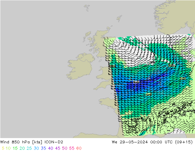 Vent 850 hPa ICON-D2 mer 29.05.2024 00 UTC