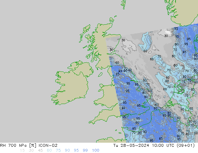 Humedad rel. 700hPa ICON-D2 mar 28.05.2024 10 UTC