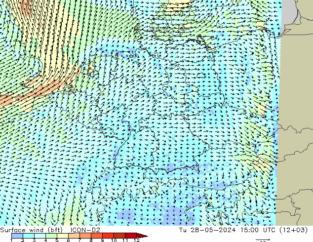 Surface wind (bft) ICON-D2 Tu 28.05.2024 15 UTC