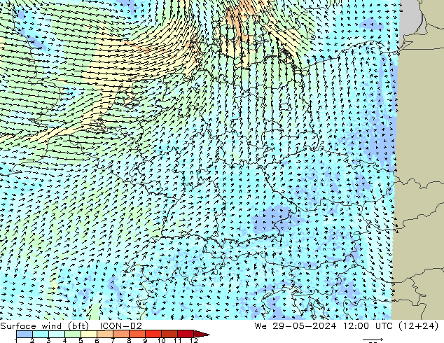 wiatr 10 m (bft) ICON-D2 śro. 29.05.2024 12 UTC
