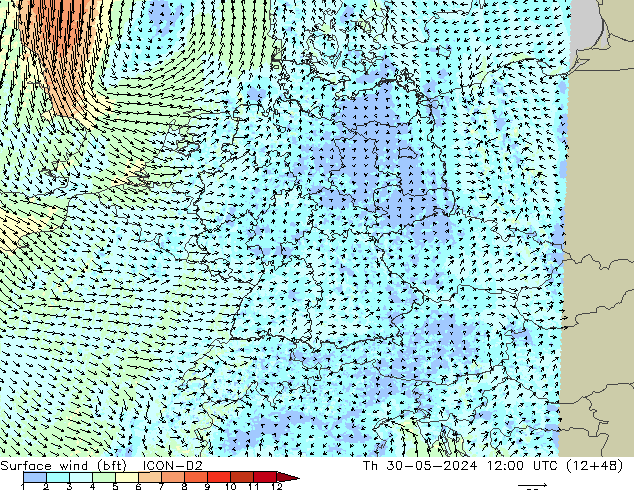 Bodenwind (bft) ICON-D2 Do 30.05.2024 12 UTC