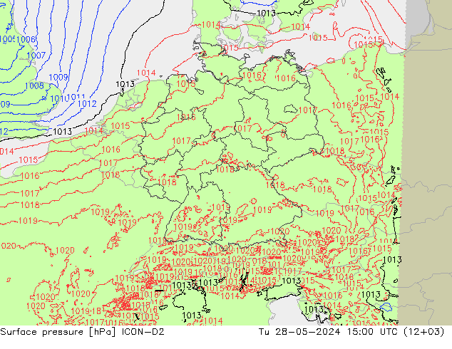 Atmosférický tlak ICON-D2 Út 28.05.2024 15 UTC