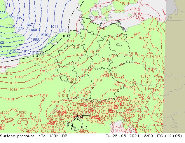 地面气压 ICON-D2 星期二 28.05.2024 18 UTC