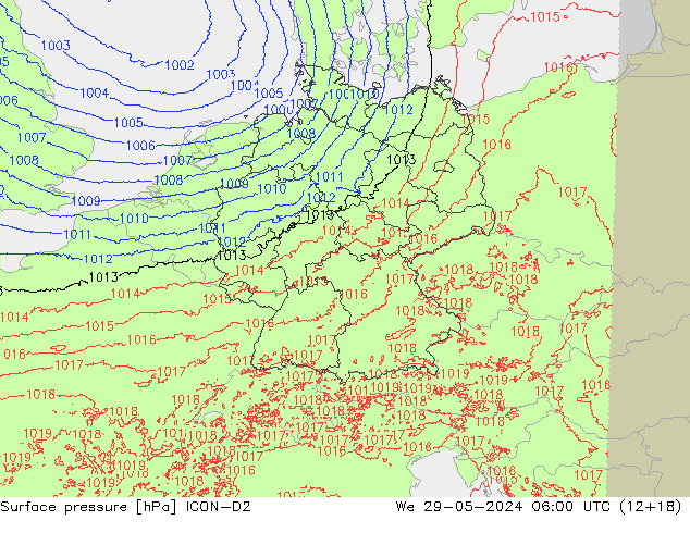 Atmosférický tlak ICON-D2 St 29.05.2024 06 UTC