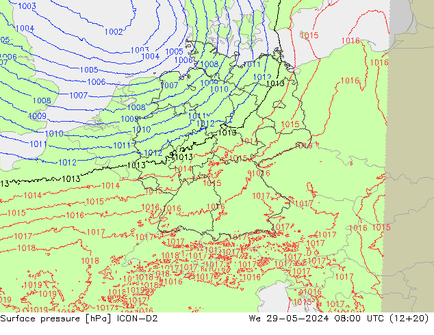 Presión superficial ICON-D2 mié 29.05.2024 08 UTC