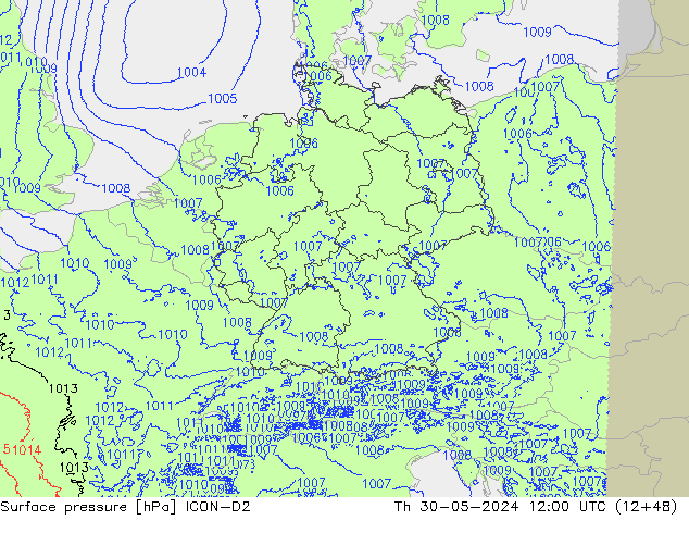 Presión superficial ICON-D2 jue 30.05.2024 12 UTC