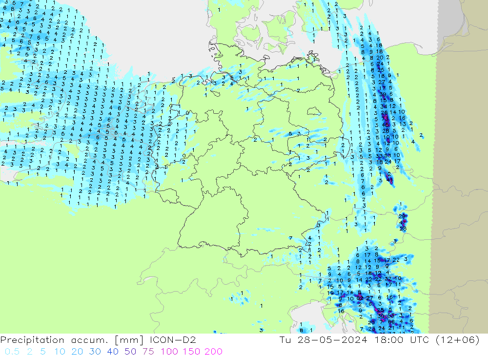 Précipitation accum. ICON-D2 mar 28.05.2024 18 UTC