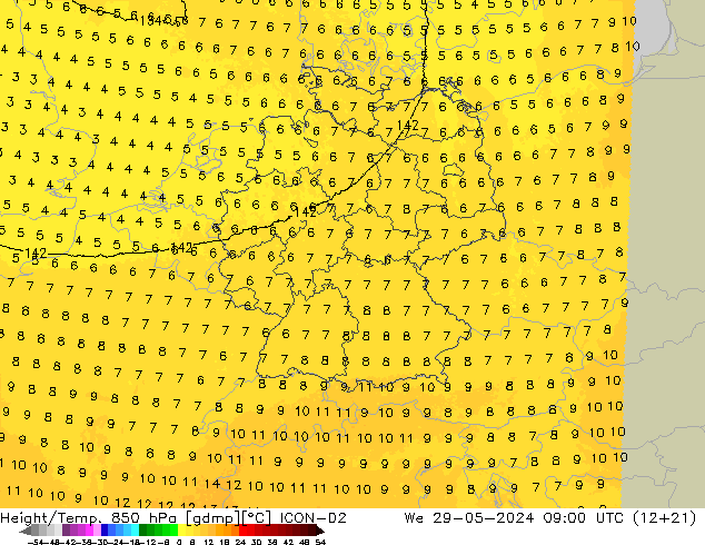 Height/Temp. 850 hPa ICON-D2 Mi 29.05.2024 09 UTC