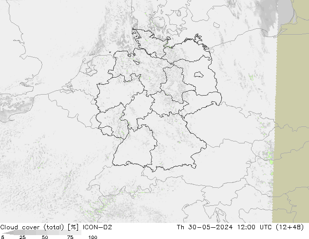 Cloud cover (total) ICON-D2 Th 30.05.2024 12 UTC