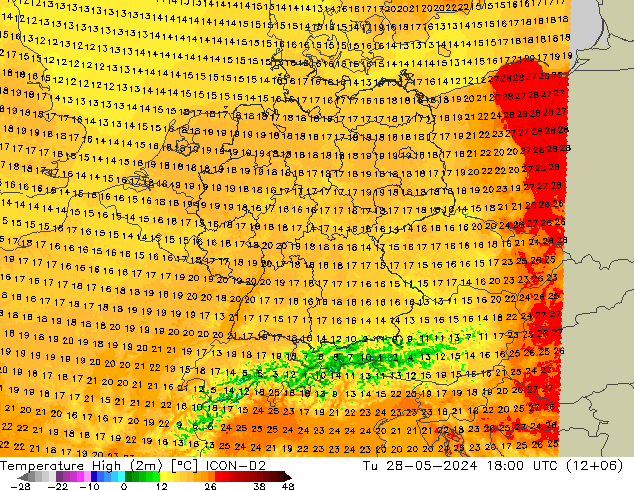 Max.temperatuur (2m) ICON-D2 di 28.05.2024 18 UTC