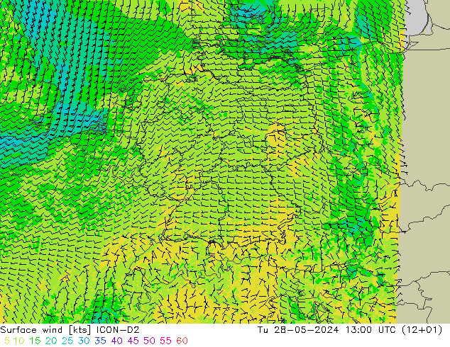 Surface wind ICON-D2 Tu 28.05.2024 13 UTC