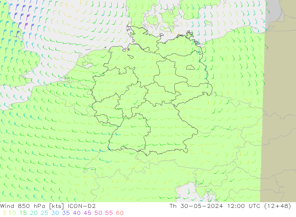 风 850 hPa ICON-D2 星期四 30.05.2024 12 UTC