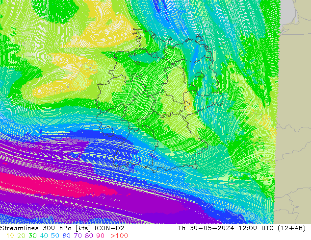 Linia prądu 300 hPa ICON-D2 czw. 30.05.2024 12 UTC