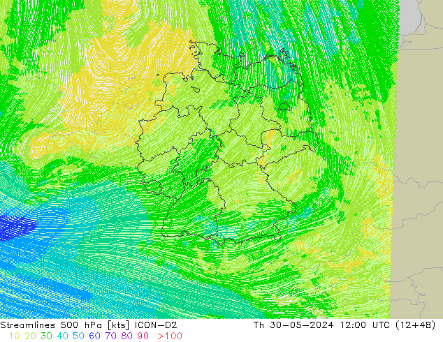 Stromlinien 500 hPa ICON-D2 Do 30.05.2024 12 UTC