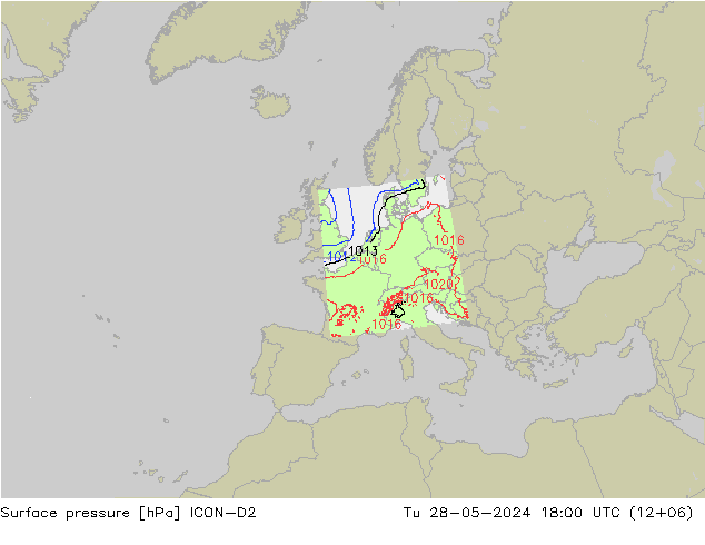 Atmosférický tlak ICON-D2 Út 28.05.2024 18 UTC