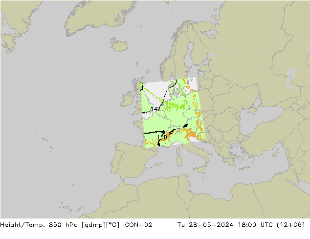 Height/Temp. 850 hPa ICON-D2 Di 28.05.2024 18 UTC