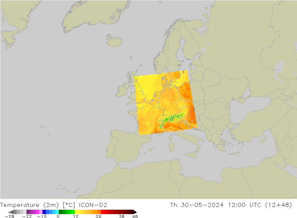 Temperatura (2m) ICON-D2 gio 30.05.2024 12 UTC
