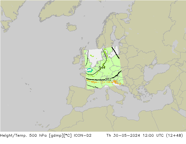 Height/Temp. 500 hPa ICON-D2 Qui 30.05.2024 12 UTC