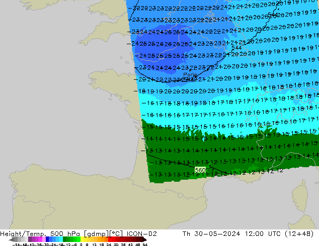 Geop./Temp. 500 hPa ICON-D2 jue 30.05.2024 12 UTC