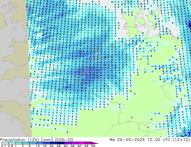 Precipitación (12h) ICON-D2 mié 29.05.2024 00 UTC