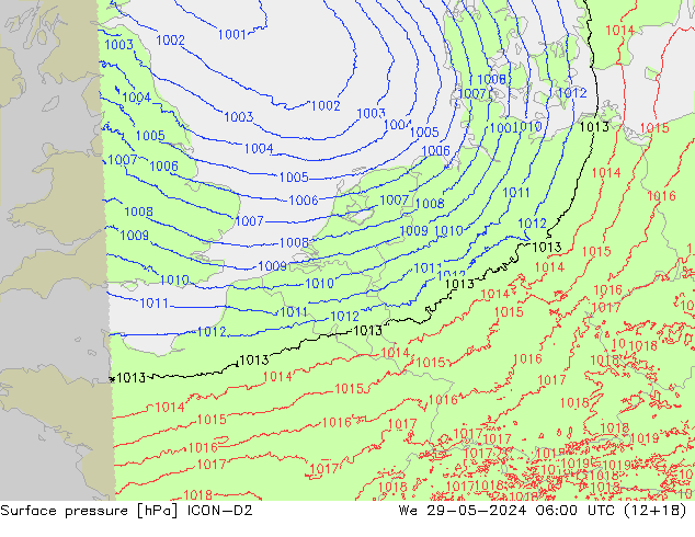 Surface pressure ICON-D2 We 29.05.2024 06 UTC