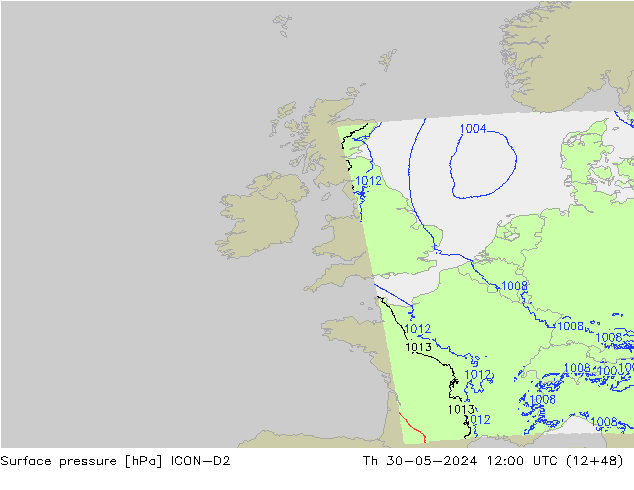 Pressione al suolo ICON-D2 gio 30.05.2024 12 UTC