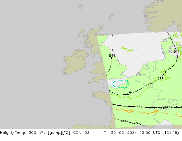 Height/Temp. 500 hPa ICON-D2 Qui 30.05.2024 12 UTC