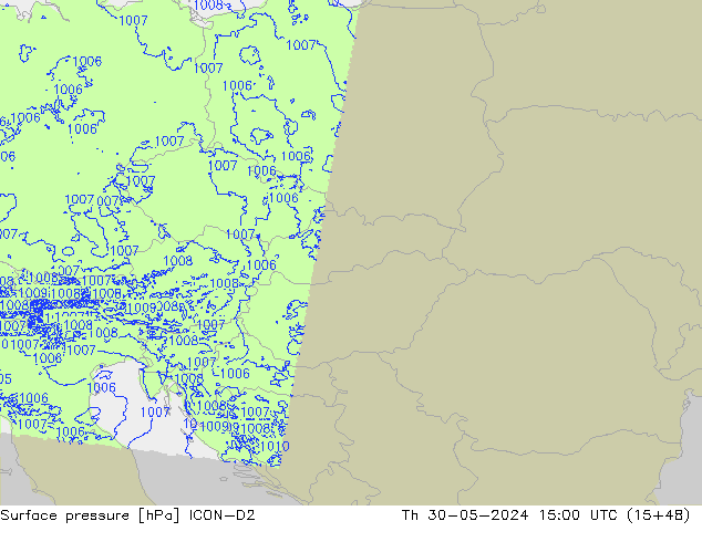 Atmosférický tlak ICON-D2 Čt 30.05.2024 15 UTC