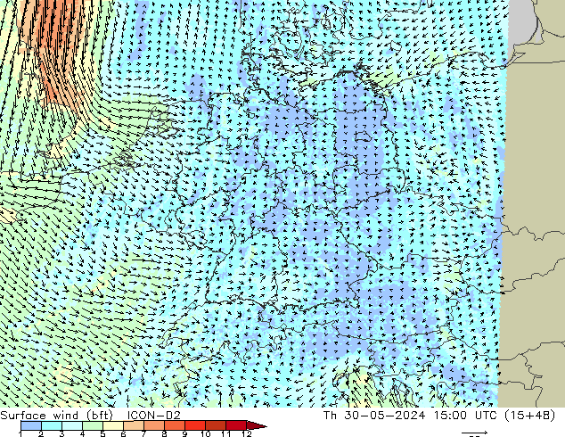 Wind 10 m (bft) ICON-D2 do 30.05.2024 15 UTC