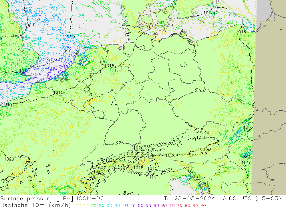 Isotachs (kph) ICON-D2 вт 28.05.2024 18 UTC