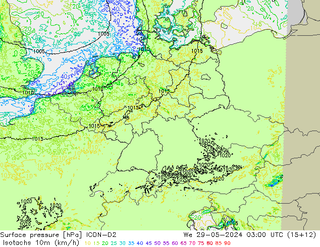 Isotachen (km/h) ICON-D2 Mi 29.05.2024 03 UTC