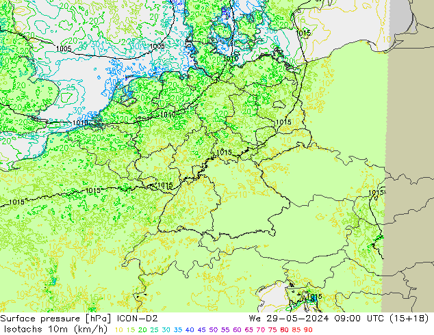 Isotachen (km/h) ICON-D2 wo 29.05.2024 09 UTC