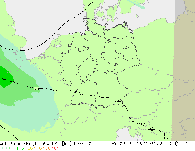 Corriente en chorro ICON-D2 mié 29.05.2024 03 UTC