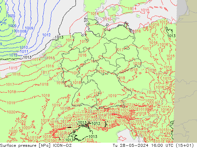 Surface pressure ICON-D2 Tu 28.05.2024 16 UTC