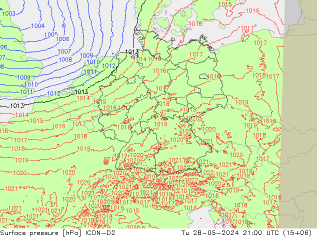 Presión superficial ICON-D2 mar 28.05.2024 21 UTC