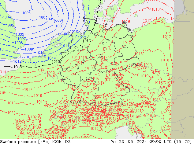 Pressione al suolo ICON-D2 mer 29.05.2024 00 UTC