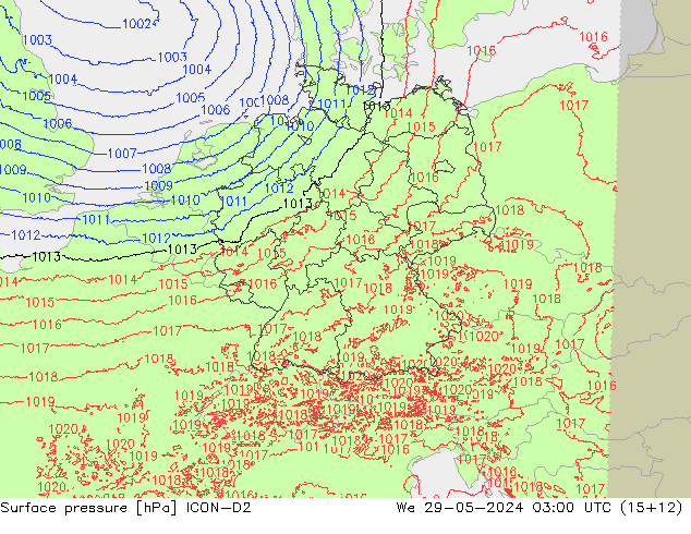 Surface pressure ICON-D2 We 29.05.2024 03 UTC