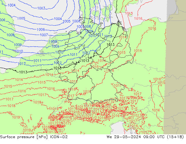 Surface pressure ICON-D2 We 29.05.2024 09 UTC