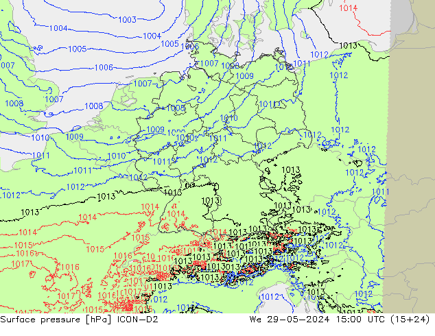 Surface pressure ICON-D2 We 29.05.2024 15 UTC