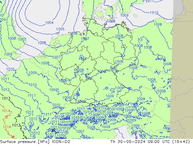 Luchtdruk (Grond) ICON-D2 do 30.05.2024 09 UTC