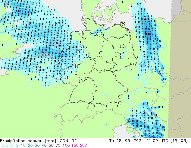 Precipitation accum. ICON-D2 Tu 28.05.2024 21 UTC