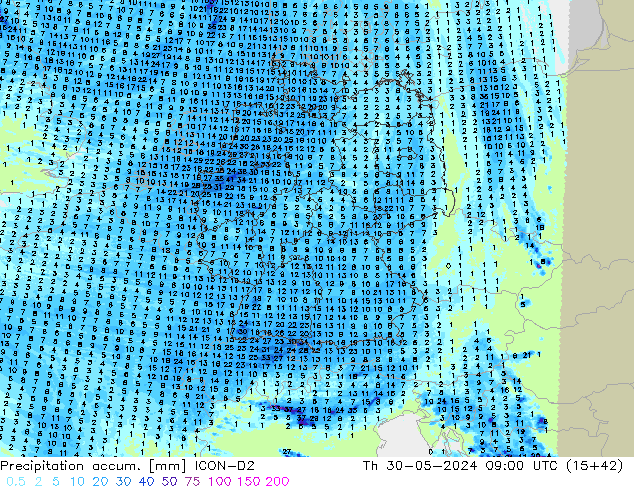 Precipitation accum. ICON-D2 чт 30.05.2024 09 UTC