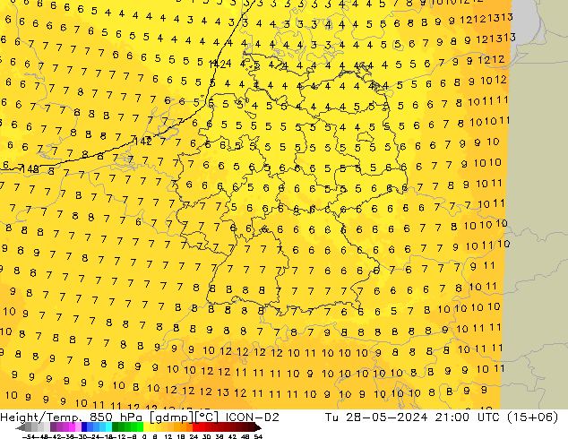 Height/Temp. 850 hPa ICON-D2  28.05.2024 21 UTC