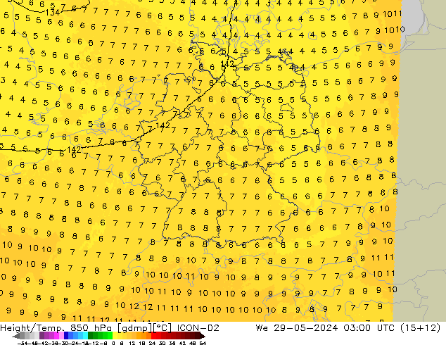 Height/Temp. 850 гПа ICON-D2 ср 29.05.2024 03 UTC