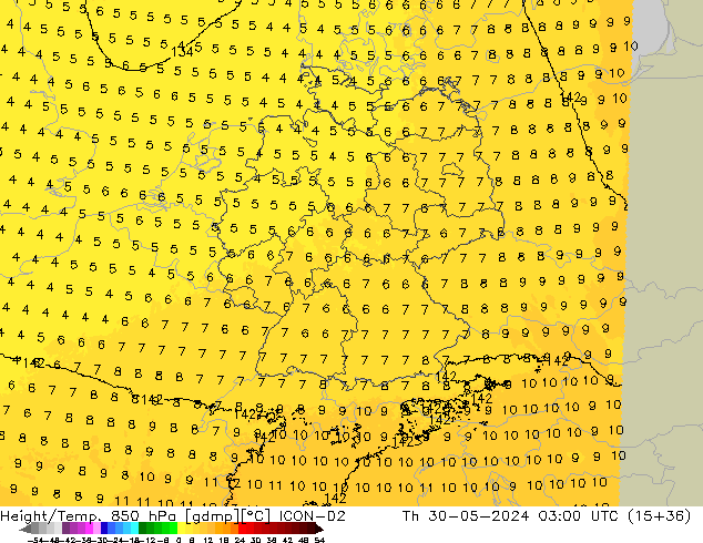 Hoogte/Temp. 850 hPa ICON-D2 do 30.05.2024 03 UTC